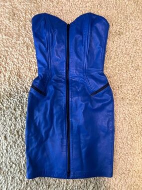 Michael Hoban Electric Blue Strapless Leather Mini Dress